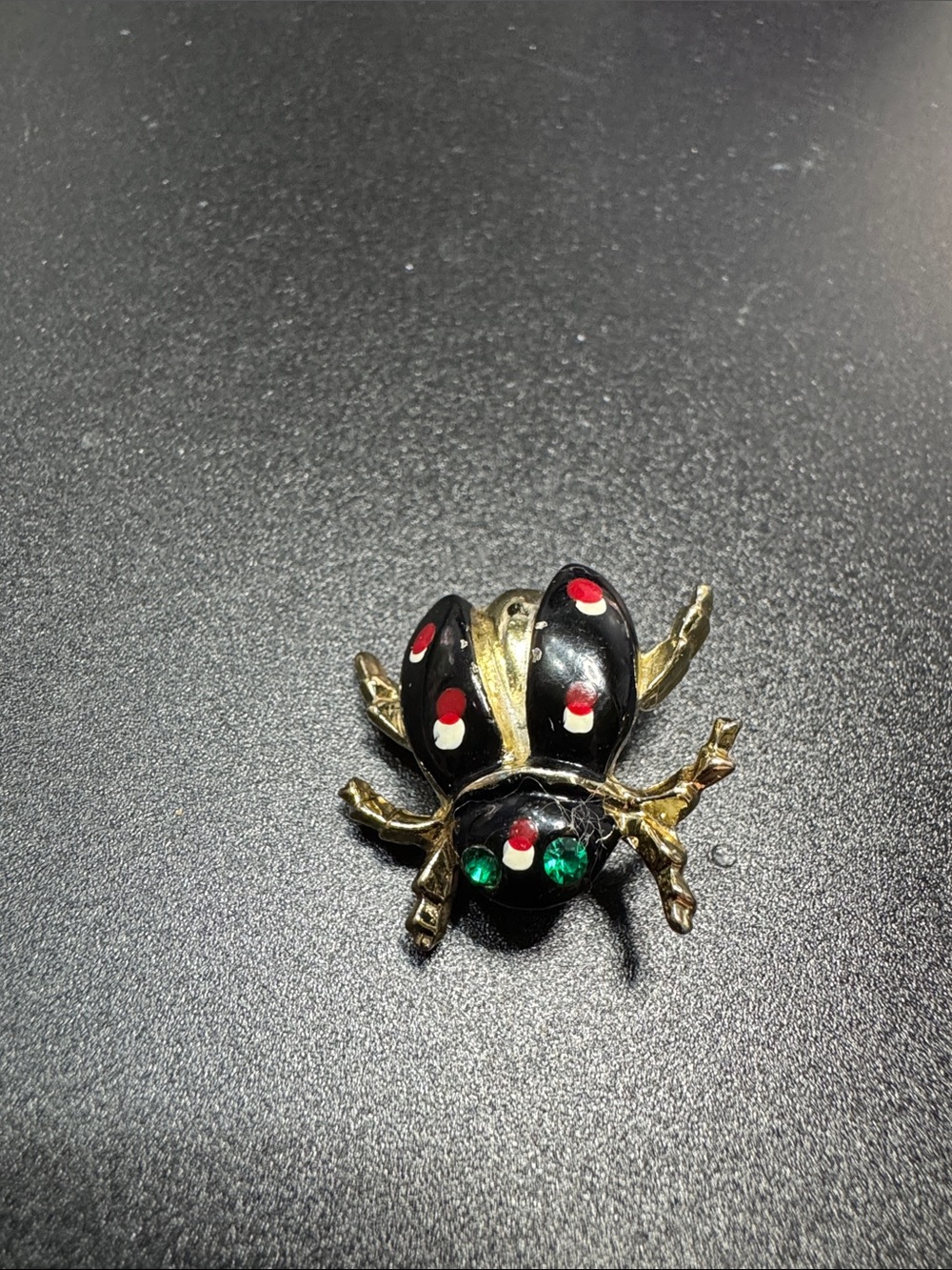 VTG Source Unknown Black Ladybug Brooch with Red Spots and Green Eyes